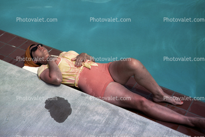 Lady Sunning, Sun Worshiper, Wet Bathing Suit, 1950s