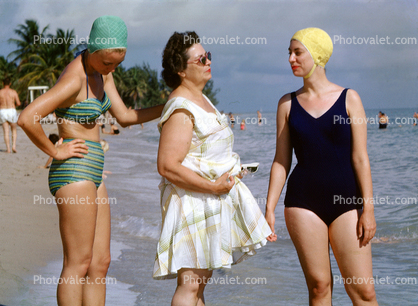 Mother, Daughter, girls, Swimsuit, bathing cap, water, beach, Biscayne Bay, 1963, 1960s