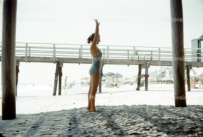 Woman Stretching, Bathing Suit, Beach, Sand, Atlantic City, 1950s