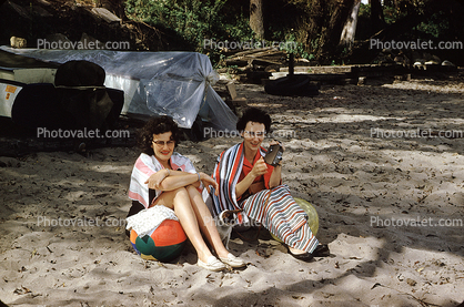 Women on the Beach, sand, movie camera, 1950s