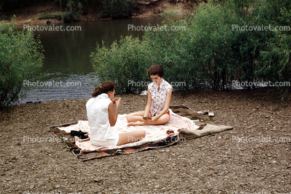 Beach, Lake, Women, Blanket, 1960s