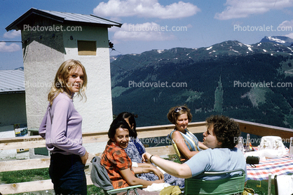 Tower, Women, Females, Smiles, Mountains, 1960s