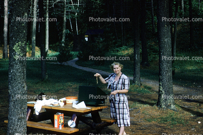 Woman, Forest, Picnic Table, 1950s