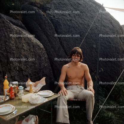 Man Smile, shirtless, arms, chest, Picnic Table, August 1971, 1970s