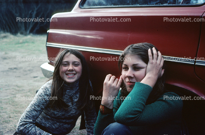 Smiling Girls, happy, car, smiles, April 1976