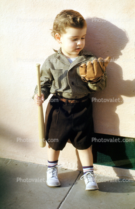 Little boy with Baseball Mitt and Bat, shorts, male shoes, shadow, 1950s