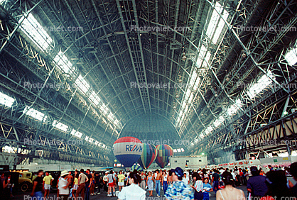 Hot Air Balloons inside the Dirigible Airship Hangar, Moffett Field, People, Crowds