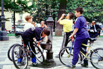 Water Fountain, aquatics, Bicyclist, riding, boys, drinking water, potable water