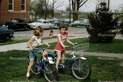 Neighborhood Kids on their Bicycles, Suburbia, Cars, Girls, Basket, 1950s