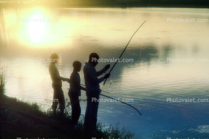 Fishermen, Boys, Lake, Water, Sunset, Clouds