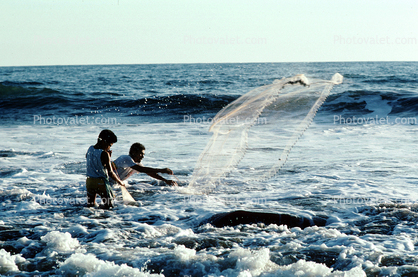 Man, Boy, Net Fishing, Ocean, Waves, El Salvador