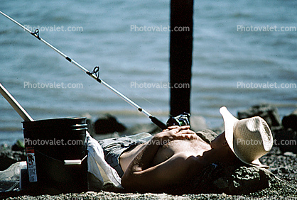 fishermen, man, rod & reel, relaxing, hat, sun, bucket