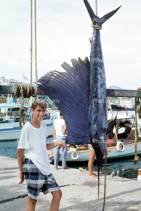 boy, teen, teenager, Sailfish, Baja California, Mexico, fish catch, 1970s