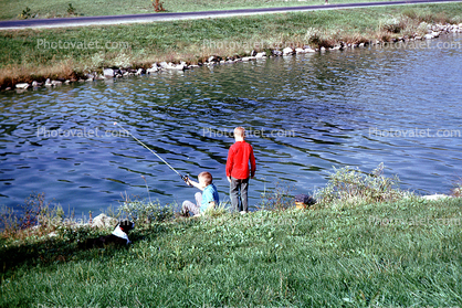 fishermen, boys, pond, lake, 1962, 1960s