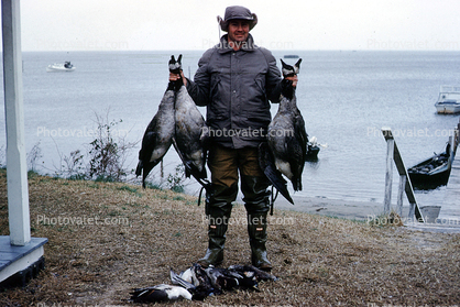 fish catch, ducks, Lake, Water, man, jacket, hat, 1968, 1960s