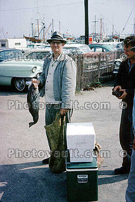 Fish Catch, Man, Smiles, Provincetown, Massachusetts, 1965, 1960s