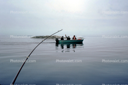 lake, water, fishing pole, boat, calm, Manitoba, Canada, 1970, 1970s