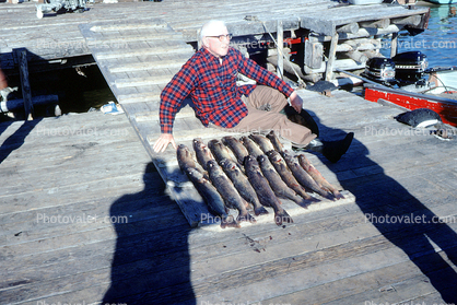 Happy Camper, fish, fisherman, power boat, lake, water, fish catch, man, male, Gods Lake Lodge, Manitoba, Canada, 1970, 1970s