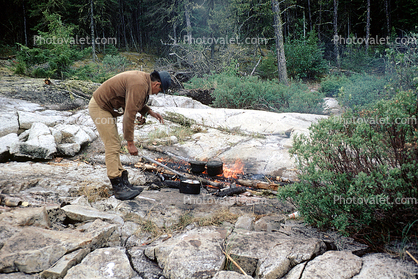 Wilderness cooking, Camp Fire, Manitoba, Canada, 1970, 1970s