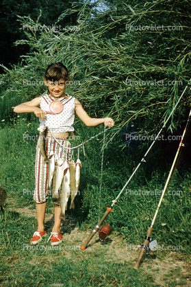 Girl, Rod, Reel, Fishing Pole, Smiling, fish catch, 1958, 1950s