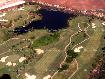 Pond, Lake, Golf Cart Paths, trees, sand pits