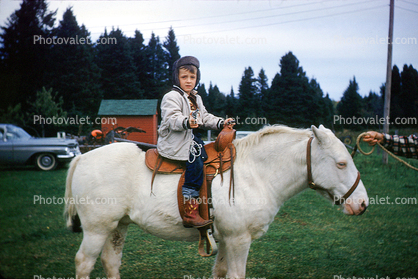 Boy, White Horse, Saddle, boots, 1950s