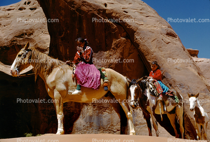 Navajo Woman, Girl, Horses, Rock, Arizona