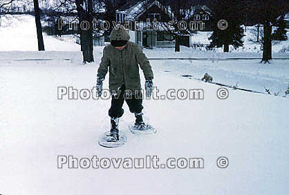 Boy Walking in Snowshoes, Cold Snow, jacket, mittens, 1960s