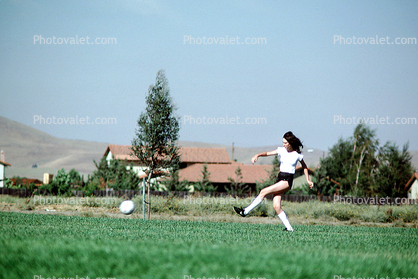Field, Girl, Running, Playing, Kicking, Soccer Ball