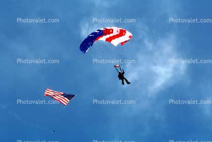 Ram Air Parachute, canopy, USA Flag, smoke, skydiving, diving