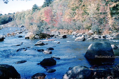 River, Kayak, rocks, boulders, fall colors, Vermont, September 1965, 1960s, autumn