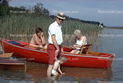 Lazy Summer Day, Red Rowboat, Lake, water, man, women, boy, 1950s