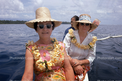 Two Women, Leis, Hats, Sun Glasses, 1950s
