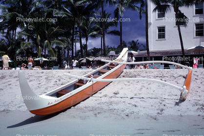 outrigger, beach, Waikiki Beach, Honolulu Hawaii, March 1964, 1960s