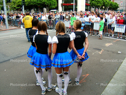 Women, Knee socks, miniskirts, mini skirts, slips, Bay to Breakers Race, Howard Street, SOMA, 2005