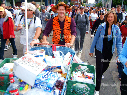 Shopping Cart, Man, Tiger pattern, vest, Coors, Bay to Breakers Race, Howard Street, SOMA, 2005