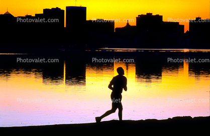 sunset, water, runner, man, male, reflection, buildings, Lake Merritt