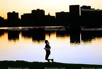 sunset, water, runner, woman, female, reflection, buildings, Lake Merritt