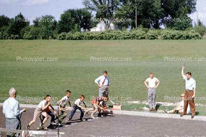 boys, track meet, starting line, gun, 1950s