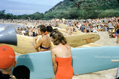 Surf Contest, Women, Long Boards, Beach, Crowds, Surfer, Surfboard, 1950s