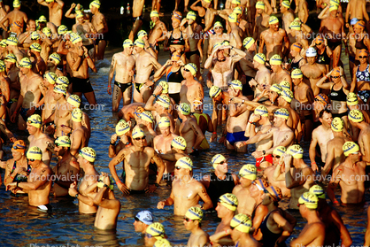 crowds, people, crowded, caucasian, bathing caps, shirtless, men, males