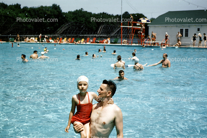 Girls and Father in a Pool, Water, swimsuit, bathing cap, 1950s