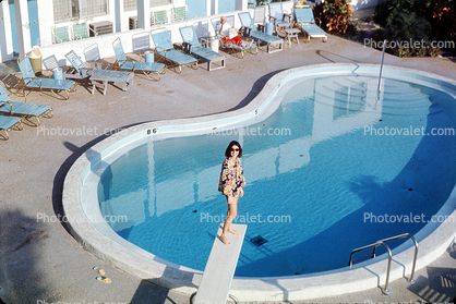 Swimming Pool, Woman on a Diving Board, Poolside, 1960s