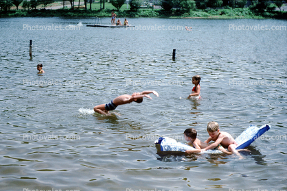 Floating on a Lake, back dive, airmatress, 1978, 1970s