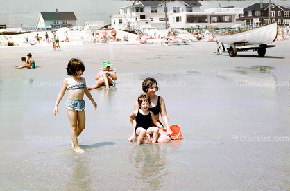 Beach, Wading, Woman, Girl, Water, Pail, 1969, 1960s