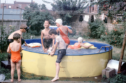 Boys, Girls, Backyard Swimming Pool, Airmattress, Floating, 1965, 1960s