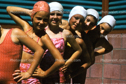 Pool Fun, Girls on Diving Board, Bathing Caps, Swimcap, Bathingcap, Summer, Summertime, 1960s