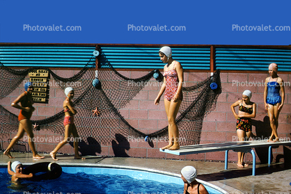 Pool Fun, Girl on Diving Board, Swimcap, Swimsuit, Summer, Summertime, Net, Diving Board, 1960s