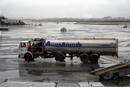 Allied Aviation fueling truck, LaGuardia Airport (LGA), Ground Equipment, rain, rainy, inclement weather, precipitation