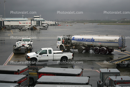Allied Aviation fueling truck, LaGuardia Airport (LGA), Ground Equipment, carts, pickup truck, jetway, rain, rainy, inclement weather, precipitation, Airbridge